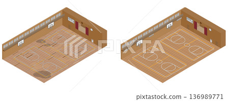 Isometric illustration of before and after renovation of a gymnasium floor due to deterioration Isometric illustration of before and after renovation of a gymnasium floor due to deterioration 136989771