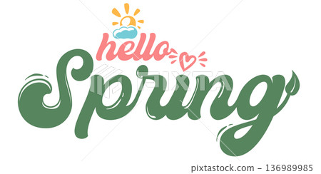 Hello Spring mint green lettering with sun icon, minimalist retro typography for seasonal greeting isolated on white. Hello spring green logo doodle style hand drawn Hello Spring mint green lettering with sun icon, minimalist retro typography for seasonal greeting isolated on white. Hello spring green logo doodle style hand drawn 136989985