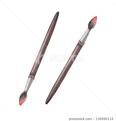 Round paintbrushes with red paint on the tip. Hand-painted watercolor illustration isolated on white for art branding, creative paining workshops, school materials, packaging, posters, craft designs 136990114
