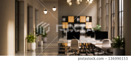 3D rendered blurred background of a light modern office interior open space with panorama. 3D rendered blurred background of a light modern office interior open space with panorama. 136990153