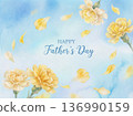 父親節賀卡，以水彩黃色康乃馨和藍色背景為特色 136990159