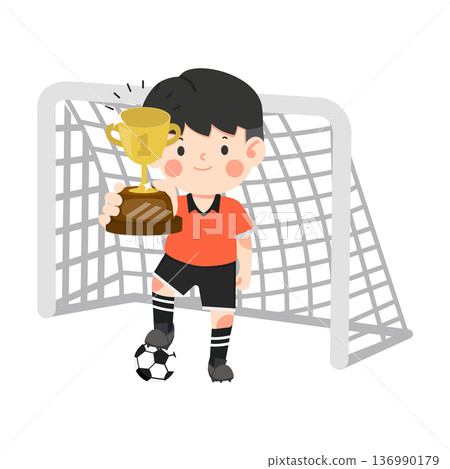 Boy Holding Trophy Next to Soccer Goal Boy Holding Trophy Next to Soccer Goal 136990179