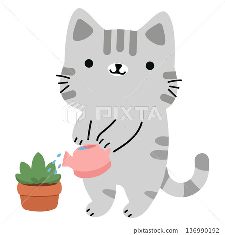 Cute Cat Watering a Plant Illustration Cute Cat Watering a Plant Illustration 136990192