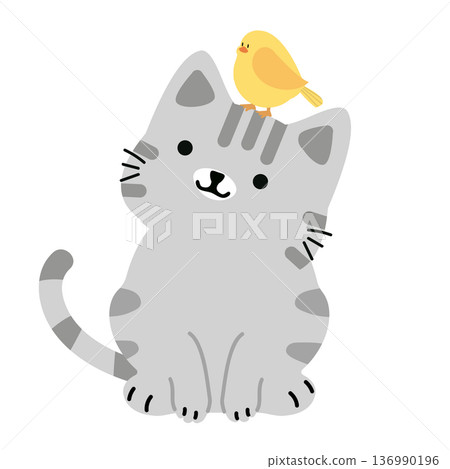 Cute Cat And Bird Illustration 136990196