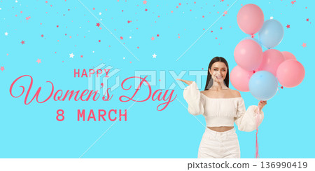 A young woman holds colorful balloons and gestures happily A young woman holds colorful balloons and gestures happily 136990419