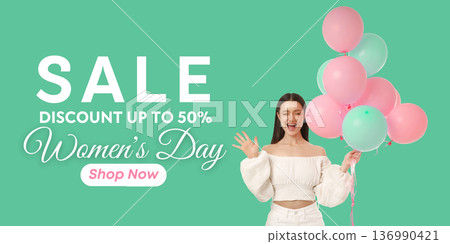 A young woman smiles while holding balloons for Women's Day A young woman smiles while holding balloons for Women's Day 136990421