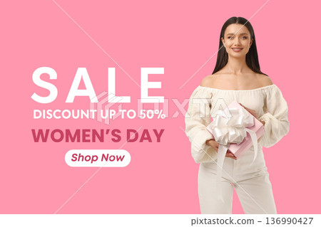Young woman holds a gift while promoting women's day sale Young woman holds a gift while promoting women's day sale 136990427