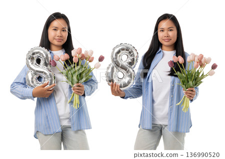 Woman with flowers and date numbers, isolated, PNG Woman with flowers and date numbers, isolated, PNG 136990520