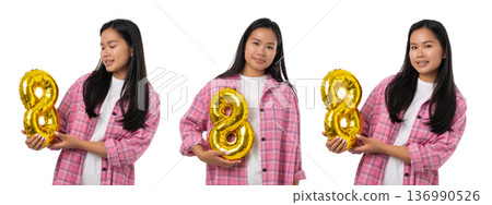 Young woman celebrates 8 March by holding balloons, isolated, PNG Young woman celebrates 8 March by holding balloons, isolated, PNG 136990526