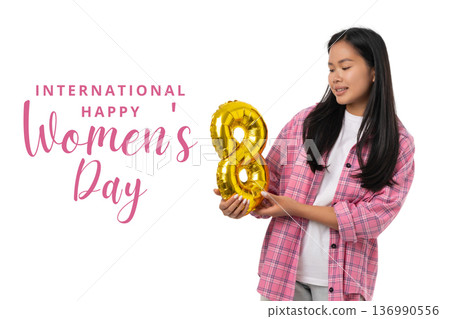 Young woman holds a balloon number 8 for Women's Day Young woman holds a balloon number 8 for Women's Day 136990556