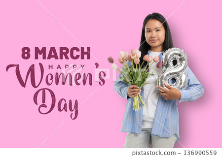 Young woman holds flowers and a number 8 balloon for Women Day Young woman holds flowers and a number 8 balloon for Women Day 136990559