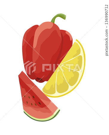 Colorful Composition of Red Bell Pepper, Lemon, and Watermelon Slices 136990712