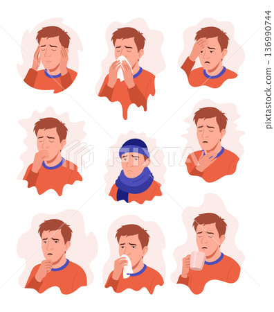 Flu symptoms. Man showing cold symptoms. Flu symptoms fever, cough, chills, dizziness, nausea, runny nose, headache. Vector set for flu prevention poster 136990744