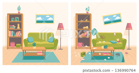 Clean and dirty living room. Messy apartment with old broken furniture and clutter, neat interior with new sofa and shelves, cleaning service, cartoon flat style isolated vector concept 136990764