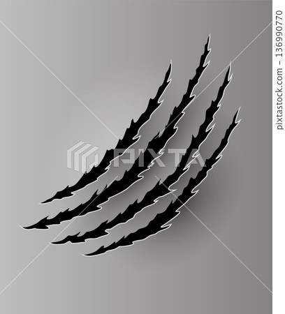 Bear or tiger claw mark. Scratches and torn traces of vector animal paw slashes. Hole in sheet of paper with torn edges. Vector illustration Bear or tiger claw mark. Scratches and torn traces of vector animal paw slashes. Hole in sheet of paper with torn edges. Vector illustration 136990770