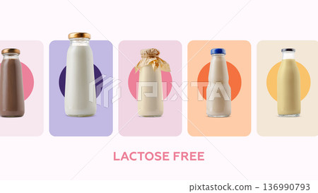 Lactose free milk options displayed on a colorful background for happy Easter celebration 136990793