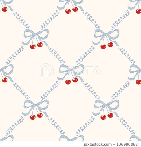 Seamless hand-drawn patterns with delicate blue bows, ribbons, cherries and soft checkered textures. Whimsical pastel coquette style, perfect for packaging, stationery, textiles and romantic branding. Seamless hand-drawn patterns with delicate blue bows, ribbons, cherries and soft checkered textures. Whimsical pastel coquette style, perfect for packaging, stationery, textiles and romantic branding. 136990868
