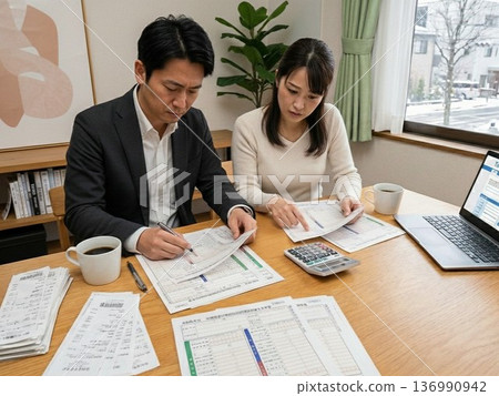 A couple preparing to file their tax return 136990942