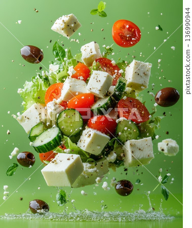 Colorful Greek Salad Ingredients Splashing onto Vibrant Green Background 136990944