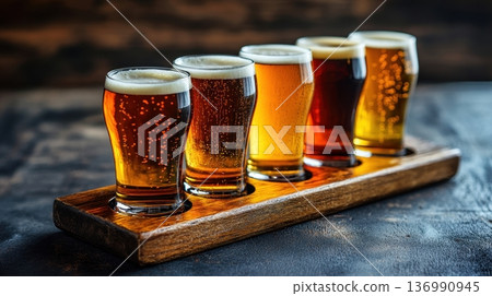 Craft Beer Tasting Flight Displayed on Rustic Wooden Tray with Chalkboard Background 136990945