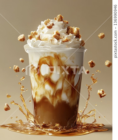 Creamy and Indulgent Iced Latte with Whipped Cream and Caramel Drizzle Creamy and Indulgent Iced Latte with Whipped Cream and Caramel Drizzle 136990946