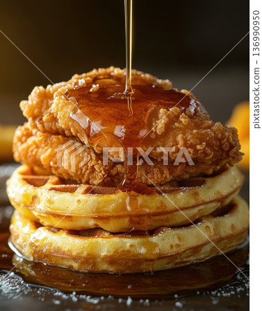 Decadent Fried Chicken and Waffle Tower Drizzled in Maple Syrup Decadent Fried Chicken and Waffle Tower Drizzled in Maple Syrup 136990950