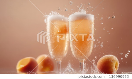 Elegant Bellini Cocktail with Peach Garnish and Splashing Champagne Flutes 136990953