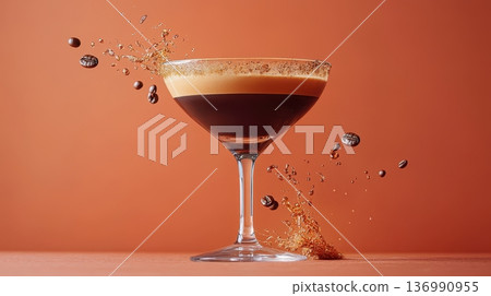 Elegant Espresso Cocktail with Frothy Foam and Splashes on Warm Orange Background 136990955
