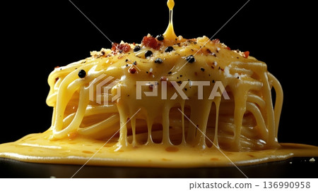 Exquisite Spaghetti Dish with Vibrant Garnish on Golden Studio Backdrop 136990958