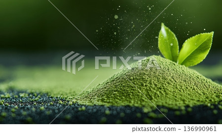 Matcha Green Tea Powder in Serene Nature Setting for Commercial Poster Design 136990961