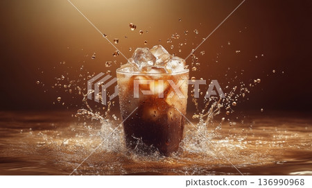 Splashing Iced Cola Drink in Glass with Refreshing Bubbles and Droplets 136990968