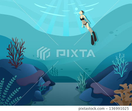 Illustration of Woman Freediving Underwater with Coral Reef and Sunlight Rays. 136991025