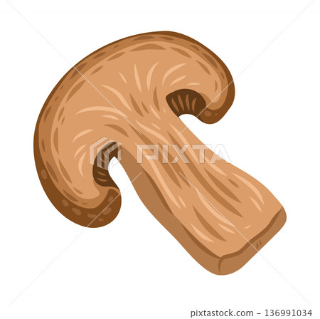 Champignon mushroom slice vector food illustration for market design. Brown portobello in cartoon style for Italian menu. Realistic fresh fungi for logo template or organic farm graphic element. 136991034