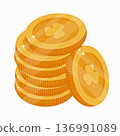 Stack of shiny gold coin with clover emblem. Symbol of good luck, prosperity, and wealth for St. Patricks Day celebration. Graphic design element. 136991089
