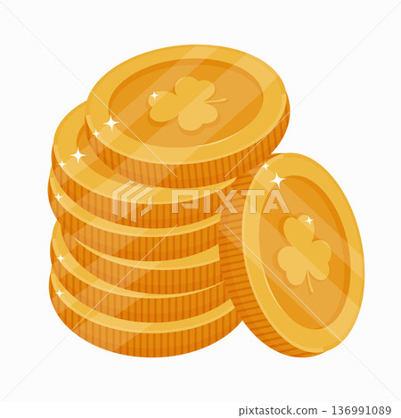 Stack of shiny gold coin with clover emblem. Symbol of good luck, prosperity, and wealth for St. Patricks Day celebration. Graphic design element. Stack of shiny gold coin with clover emblem. Symbol of good luck, prosperity, and wealth for St. Patricks Day celebration. Graphic design element. 136991089
