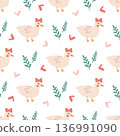 Cute seamless pattern of a pink duck with a bow and hearts for baby fabric design. Charming illustrations of spring animals for Easter cards, childrens textiles, and wallpapers. 136991090