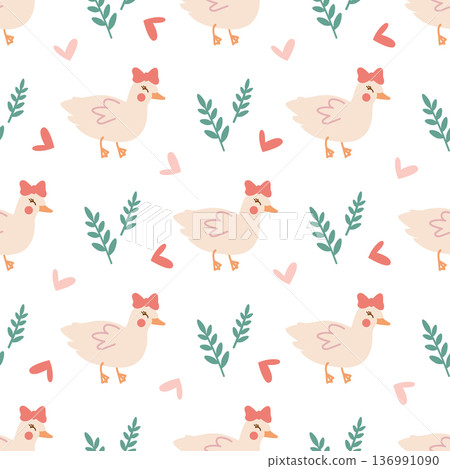 Cute seamless pattern of a pink duck with a bow and hearts for baby fabric design. Charming illustrations of spring animals for Easter cards, childrens textiles, and wallpapers. Cute seamless pattern of a pink duck with a bow and hearts for baby fabric design. Charming illustrations of spring animals for Easter cards, childrens textiles, and wallpapers. 136991090