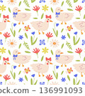 Seamless spring pattern with ducks, flowers, and butterflies. Easter background with cute animals for children's textiles and festive packaging. Birds and flowers on white background 136991093