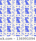 Blue Easter seamless pattern with rabbit silhouettes and decorative flower branches for festive decoration. Minimalistic background with bunny for wallpapers and packaging. 136991094