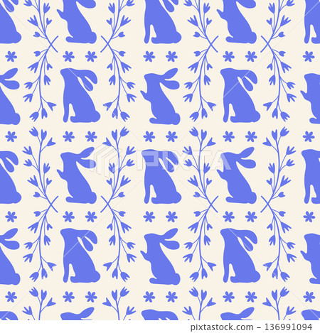 Blue Easter seamless pattern with rabbit silhouettes and decorative flower branches for festive decoration. Minimalistic background with bunny for wallpapers and packaging. Blue Easter seamless pattern with rabbit silhouettes and decorative flower branches for festive decoration. Minimalistic background with bunny for wallpapers and packaging. 136991094