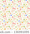 Cute Easter pattern with cartoon ducks and a duckling on a spring flower background on a white background. Festive geese for childrens textiles. Seamless texture for a festive design 136991095