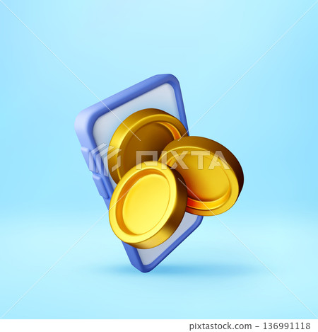 3d Gold coins emerging from smartphone 3d Gold coins emerging from smartphone 136991118
