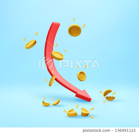 3d arrow down with falling and broken coins 3d arrow down with falling and broken coins 136991122