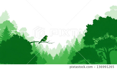 鬱鬱蔥蔥的森林景觀，一隻小鳥棲息在樹枝上。漸層單色自然插圖 136991265
