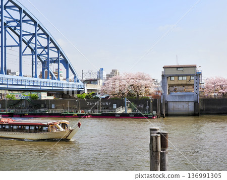 Sakaigawa West Water Gate and Cherry Blossoms Sakaigawa West Water Gate and Cherry Blossoms 136991305