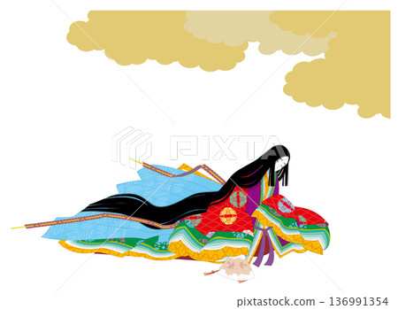 Traditional Japanese kimono formal wear, twelve-layered kimono costume. Clouds and Heian women. 136991354