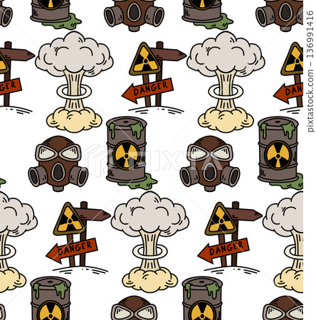 Vector Post-apocalyptic seamless pattern. Nuclear war texture. Background with protective mask, sign, chemical tank, nuclear explosion 136991416
