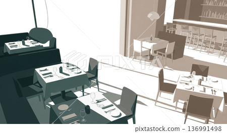 Restaurant dining interior interior table setting and bar counter illustration material 136991498