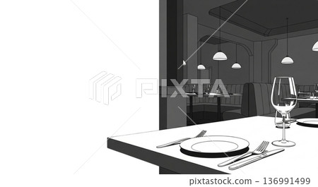 Restaurant table setting and booth seating interior background illustration 136991499