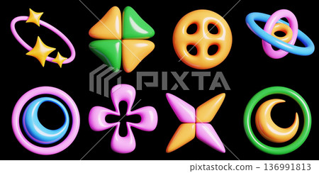 Inflatable colorful 3D abstract shapes - puffy y2k glossy plastic. Playful design elements of stars, moon, planet, flower, button. Cute funny cartoon objects in liquid Memphis style. 3D illustration 136991813